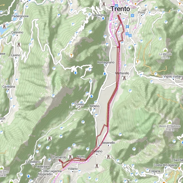 Karten-Miniaturansicht der Radinspiration "Gravel-Tour durch die Weinberge von Nomi" in Provincia Autonoma di Trento, Italy. Erstellt vom Tarmacs.app-Routenplaner für Radtouren