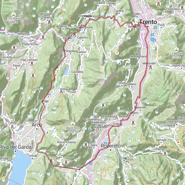 Miniatuurkaart van de fietsinspiratie "Grindtocht naar Villa Lagarina" in Provincia Autonoma di Trento, Italy. Gemaakt door de Tarmacs.app fietsrouteplanner