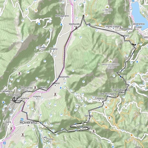 Zemljevid v pomanjšavi "Cestno kolesarjenje v okolici Pomarola" kolesarske inspiracije v Provincia Autonoma di Trento, Italy. Generirano z načrtovalcem kolesarskih poti Tarmacs.app