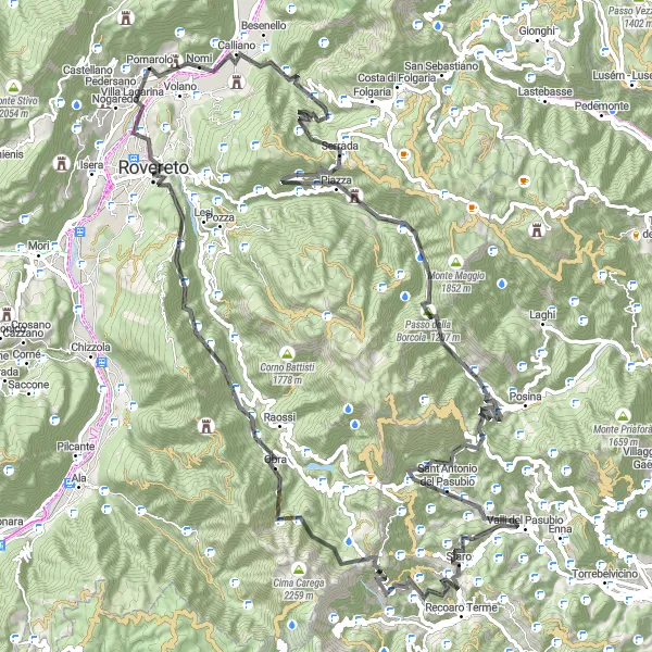 Miniaturekort af cykelinspirationen "Landevejscykelrute til Passo della Borcola og Villa Lagarina" i Provincia Autonoma di Trento, Italy. Genereret af Tarmacs.app cykelruteplanlægger