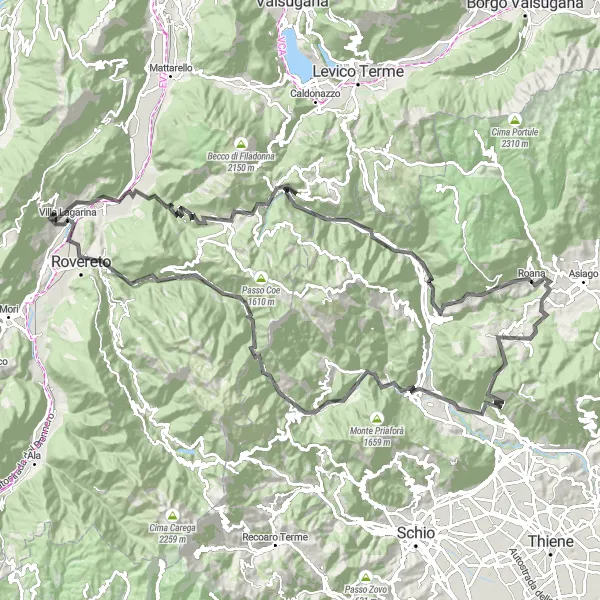 Map miniature of "Riding through the Peaks" cycling inspiration in Provincia Autonoma di Trento, Italy. Generated by Tarmacs.app cycling route planner