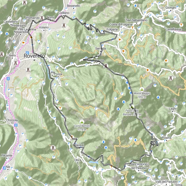 Miniatuurkaart van de fietsinspiratie "Wegtocht vanuit Pomarolo" in Provincia Autonoma di Trento, Italy. Gemaakt door de Tarmacs.app fietsrouteplanner