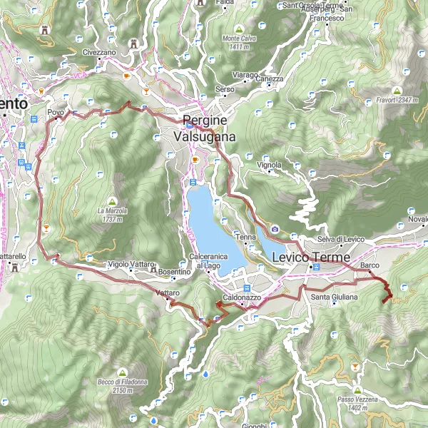 Kartminiatyr av "Grusväg till Passo del Cimirlo och Levico Terme" cykelinspiration i Provincia Autonoma di Trento, Italy. Genererad av Tarmacs.app cykelruttplanerare