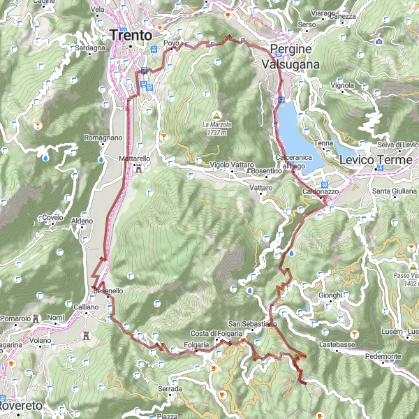 Miniatura della mappa di ispirazione al ciclismo "Povo Gravel Challenge" nella regione di Provincia Autonoma di Trento, Italy. Generata da Tarmacs.app, pianificatore di rotte ciclistiche