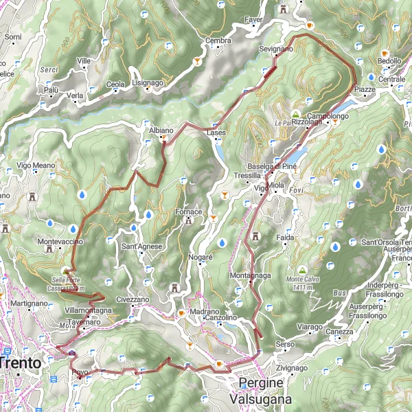 Map miniature of "Povo - Monte Calisio - Montevaccino - Albiano - Castel - Baselga di Piné - Postel - Costasavina - Passo del Cimirlo" cycling inspiration in Provincia Autonoma di Trento, Italy. Generated by Tarmacs.app cycling route planner