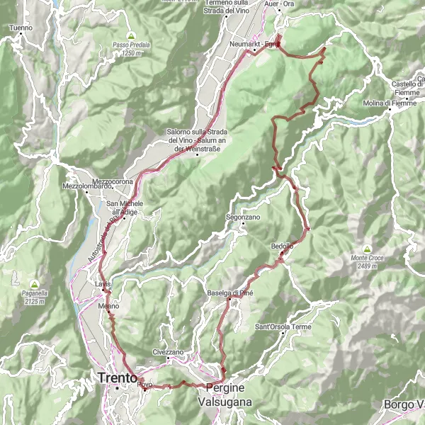 Miniature de la carte de l'inspiration cycliste "La boucle de Povo-grand tour des Gravels" dans la Provincia Autonoma di Trento, Italy. Générée par le planificateur d'itinéraire cycliste Tarmacs.app