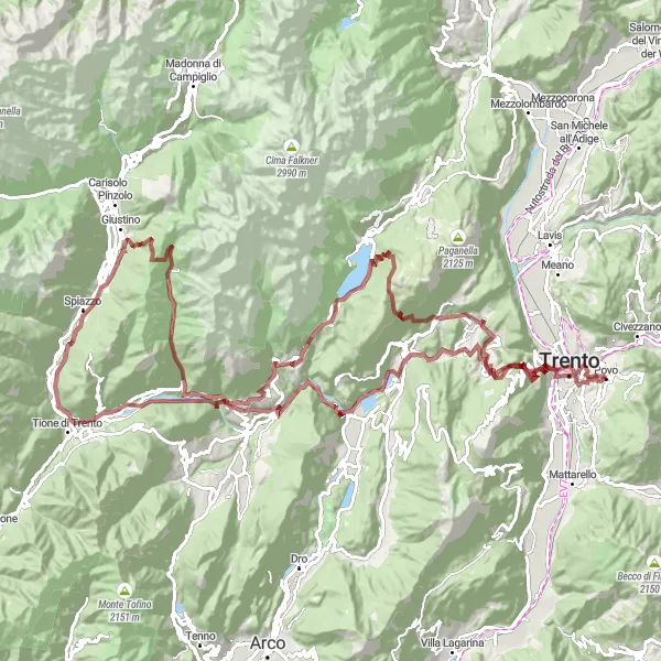 Kartminiatyr av "Lang grusvei sykkeltur fra Povo" sykkelinspirasjon i Provincia Autonoma di Trento, Italy. Generert av Tarmacs.app sykkelrutoplanlegger