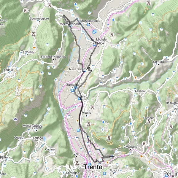 Miniatura della mappa di ispirazione al ciclismo "Giro in Bicicletta di 47 Km da Povo" nella regione di Provincia Autonoma di Trento, Italy. Generata da Tarmacs.app, pianificatore di rotte ciclistiche