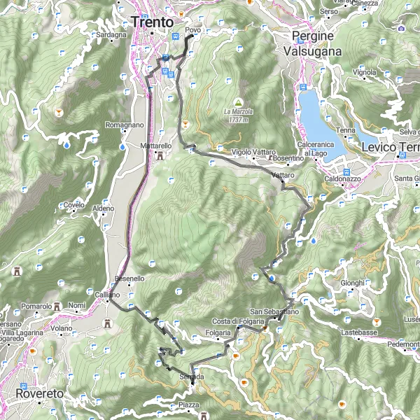Map miniature of "Povo - Dosso di San Rocco - Vattaro - Passo Sommo - Folgaria - La Padella - Besenello - Mattarello - San Bartolomeo" cycling inspiration in Provincia Autonoma di Trento, Italy. Generated by Tarmacs.app cycling route planner