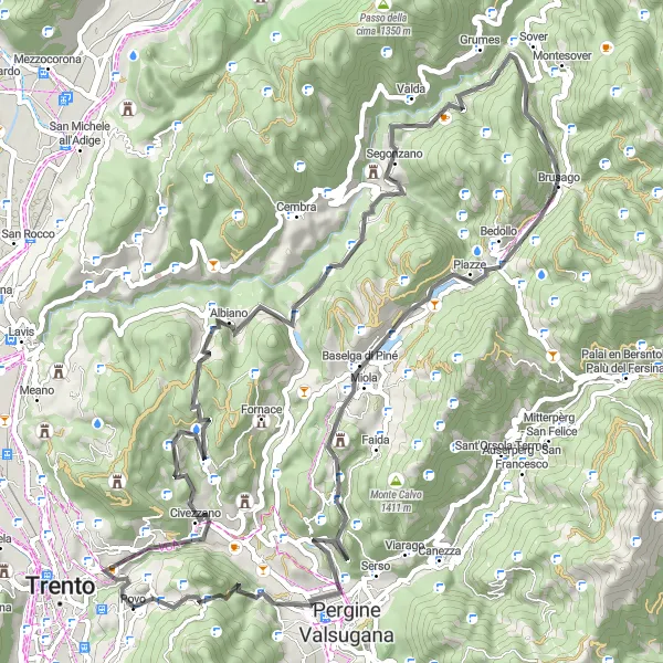 Miniatuurkaart van de fietsinspiratie "Avontuurlijke fietstocht naar Pergine Valsugana" in Provincia Autonoma di Trento, Italy. Gemaakt door de Tarmacs.app fietsrouteplanner