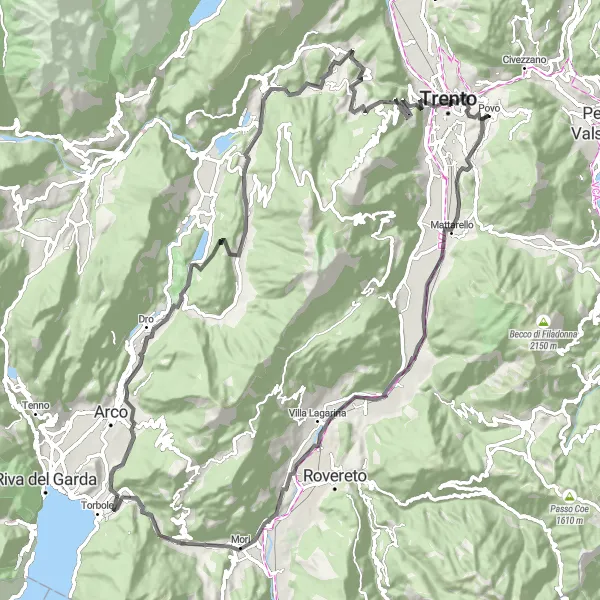 Miniatua del mapa de inspiración ciclista "Ruta de montaña Povo-Trento-Povo" en Provincia Autonoma di Trento, Italy. Generado por Tarmacs.app planificador de rutas ciclistas