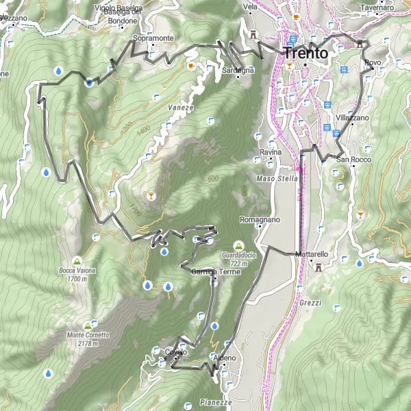 Zemljevid v pomanjšavi "Krožna ciklotura preko Baselge del Bondone" kolesarske inspiracije v Provincia Autonoma di Trento, Italy. Generirano z načrtovalcem kolesarskih poti Tarmacs.app