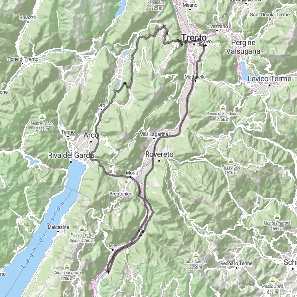 Map miniature of "Around Trento and the Adige Valley" cycling inspiration in Provincia Autonoma di Trento, Italy. Generated by Tarmacs.app cycling route planner