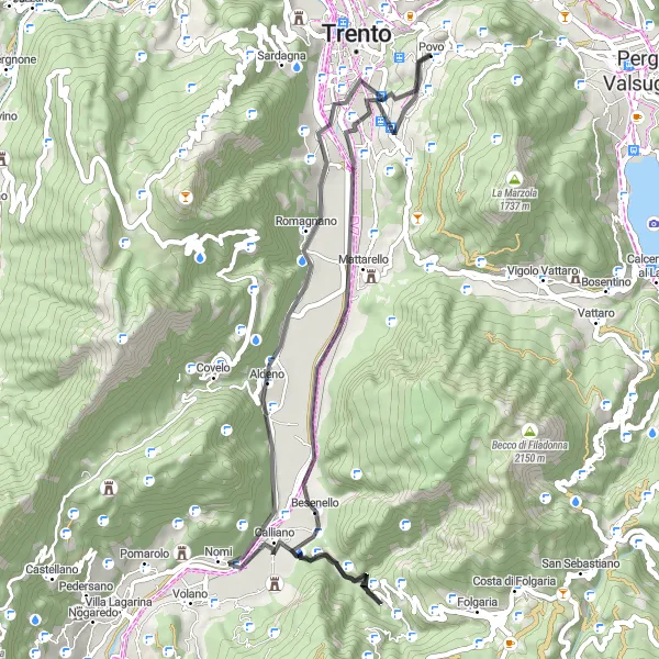 Map miniature of "Taio and Mattarello Loop" cycling inspiration in Provincia Autonoma di Trento, Italy. Generated by Tarmacs.app cycling route planner