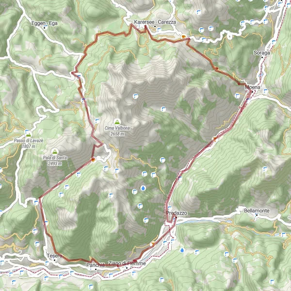 Karttaminiaatyyri "Predazzosta Passo di Pampeagon kautta Moenaan" pyöräilyinspiraatiosta alueella Provincia Autonoma di Trento, Italy. Luotu Tarmacs.app pyöräilyreittisuunnittelijalla