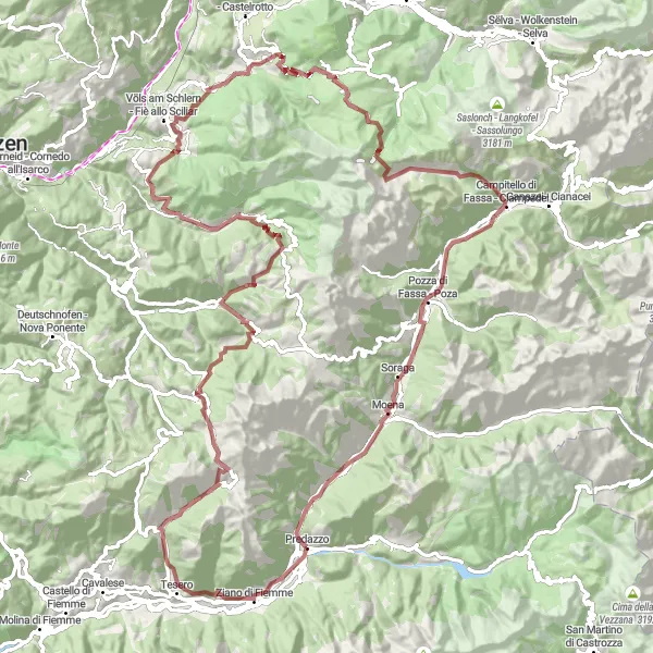 Kartminiatyr av "Spännande Gruscykling runt Predazzo" cykelinspiration i Provincia Autonoma di Trento, Italy. Genererad av Tarmacs.app cykelruttplanerare