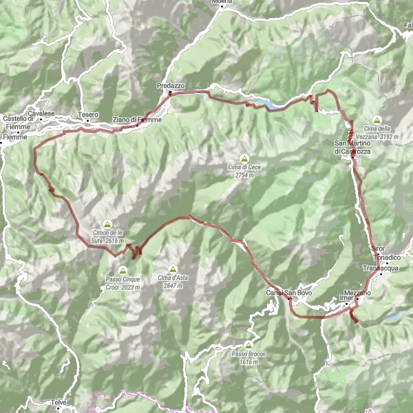 Miniatura della mappa di ispirazione al ciclismo "Tour Epico in Gravel tra Predazzo e Canali Montani" nella regione di Provincia Autonoma di Trento, Italy. Generata da Tarmacs.app, pianificatore di rotte ciclistiche