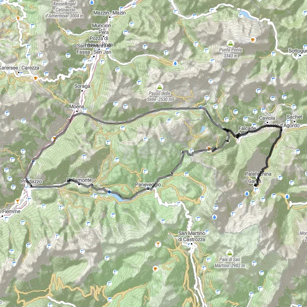 Miniatura della mappa di ispirazione al ciclismo "Esplorazione in Bicicletta tra Predazzo e Passi Alpini" nella regione di Provincia Autonoma di Trento, Italy. Generata da Tarmacs.app, pianificatore di rotte ciclistiche