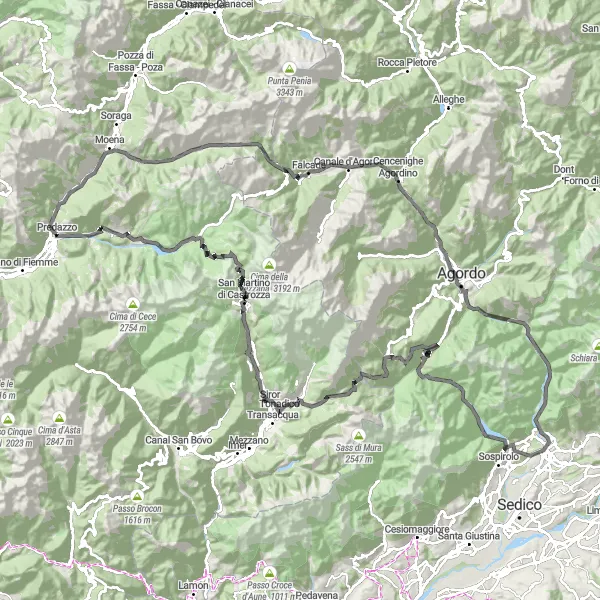 Miniatuurkaart van de fietsinspiratie "Predazzo - Rolle Pass - Bellamonte" in Provincia Autonoma di Trento, Italy. Gemaakt door de Tarmacs.app fietsrouteplanner