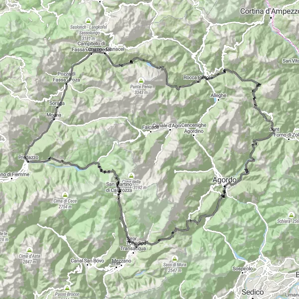 Miniaturní mapa "Okružní cyklistická trasa Predazzo - Passo Fedaia" inspirace pro cyklisty v oblasti Provincia Autonoma di Trento, Italy. Vytvořeno pomocí plánovače tras Tarmacs.app