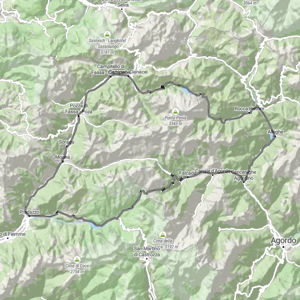 Miniatuurkaart van de fietsinspiratie "Fietsen door de Dolomieten" in Provincia Autonoma di Trento, Italy. Gemaakt door de Tarmacs.app fietsrouteplanner