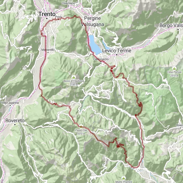 Miniature de la carte de l'inspiration cycliste "Randonnée en gravel à travers les sentiers accidentés de Trento" dans la Provincia Autonoma di Trento, Italy. Générée par le planificateur d'itinéraire cycliste Tarmacs.app
