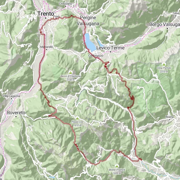 Miniaturekort af cykelinspirationen "Grus cyklingseventyr langs Dolomitterne" i Provincia Autonoma di Trento, Italy. Genereret af Tarmacs.app cykelruteplanlægger