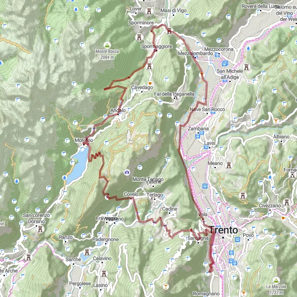 Miniature de la carte de l'inspiration cycliste "Exploration des sentiers gravel de Trentino" dans la Provincia Autonoma di Trento, Italy. Générée par le planificateur d'itinéraire cycliste Tarmacs.app