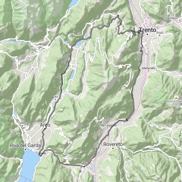 Zemljevid v pomanjšavi "Krožna kolesarska pot preko Passo San Giovanni" kolesarske inspiracije v Provincia Autonoma di Trento, Italy. Generirano z načrtovalcem kolesarskih poti Tarmacs.app