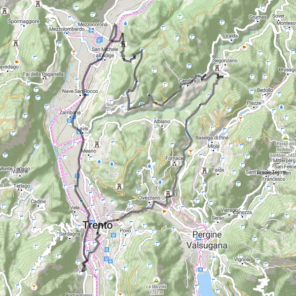 Miniature de la carte de l'inspiration cycliste "Parcours panoramique à travers les collines de Trentino" dans la Provincia Autonoma di Trento, Italy. Générée par le planificateur d'itinéraire cycliste Tarmacs.app