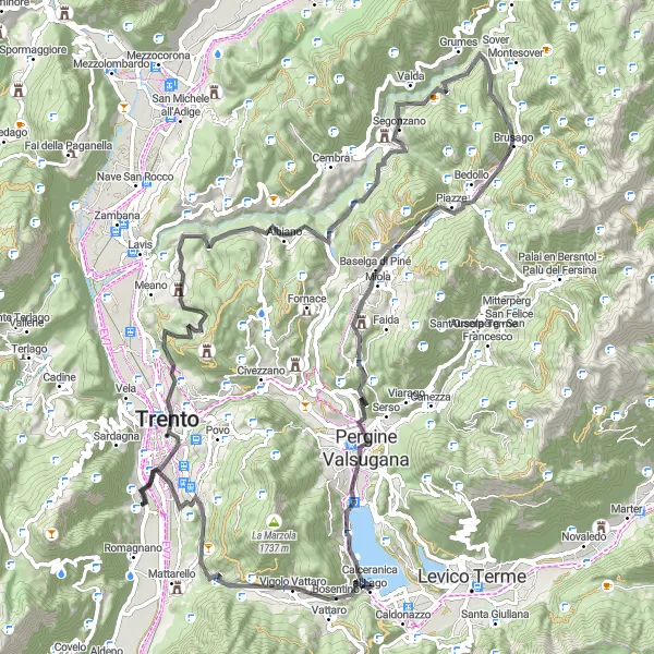 Miniaturní mapa "Vyhlídková jízda okolo hradů" inspirace pro cyklisty v oblasti Provincia Autonoma di Trento, Italy. Vytvořeno pomocí plánovače tras Tarmacs.app
