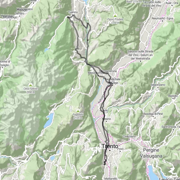 Mapa miniatúra "Cestný cyklistický okruh okolo Monte di Mezzocorona" cyklistická inšpirácia v Provincia Autonoma di Trento, Italy. Vygenerované cyklistickým plánovačom trás Tarmacs.app