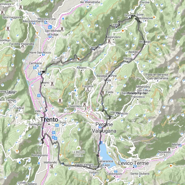 Miniatuurkaart van de fietsinspiratie "Fietsroute langs de Trento heuvels" in Provincia Autonoma di Trento, Italy. Gemaakt door de Tarmacs.app fietsrouteplanner