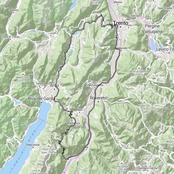 Miniature de la carte de l'inspiration cycliste "Grande boucle à travers les montagnes de Trentino" dans la Provincia Autonoma di Trento, Italy. Générée par le planificateur d'itinéraire cycliste Tarmacs.app