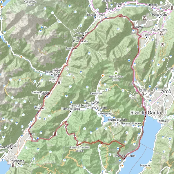 Miniatuurkaart van de fietsinspiratie "Gravel avontuur naar Monte San Martino" in Provincia Autonoma di Trento, Italy. Gemaakt door de Tarmacs.app fietsrouteplanner