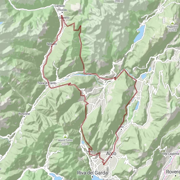 Zemljevid v pomanjšavi "Gravel Adventure: Tenno - Passo Del Ballino - Monte San Martino Circuit" kolesarske inspiracije v Provincia Autonoma di Trento, Italy. Generirano z načrtovalcem kolesarskih poti Tarmacs.app