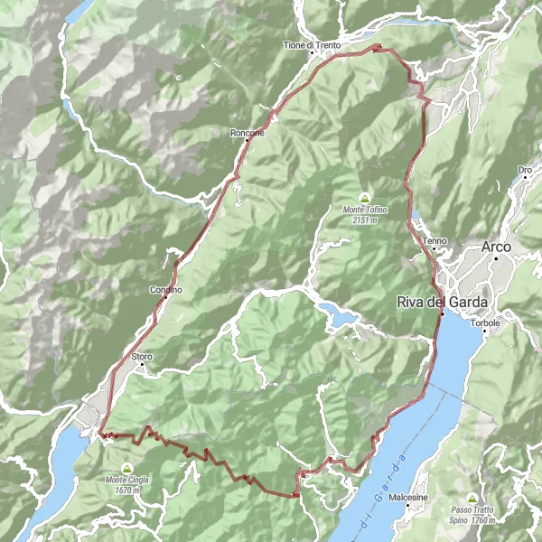 Miniaturekort af cykelinspirationen "Grusvej fra Riva del Garda til Monte Caplone og Bondone" i Provincia Autonoma di Trento, Italy. Genereret af Tarmacs.app cykelruteplanlægger