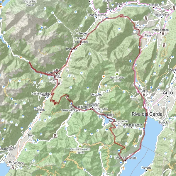 Zemljevid v pomanjšavi "Pot okoli jezera Ledro" kolesarske inspiracije v Provincia Autonoma di Trento, Italy. Generirano z načrtovalcem kolesarskih poti Tarmacs.app