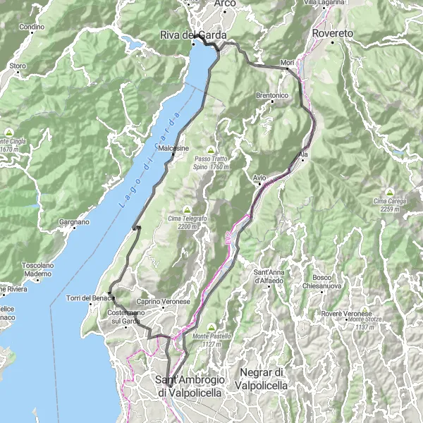 Miniatura della mappa di ispirazione al ciclismo "Ciclostrada dal Monte Brione a Malcesine" nella regione di Provincia Autonoma di Trento, Italy. Generata da Tarmacs.app, pianificatore di rotte ciclistiche