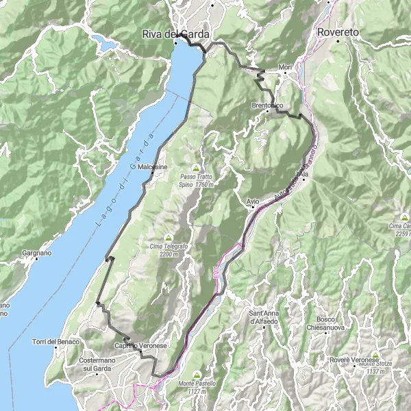 Miniatura della mappa di ispirazione al ciclismo "Avventura tra Monte Brione e Paragliding Landing Spot" nella regione di Provincia Autonoma di Trento, Italy. Generata da Tarmacs.app, pianificatore di rotte ciclistiche