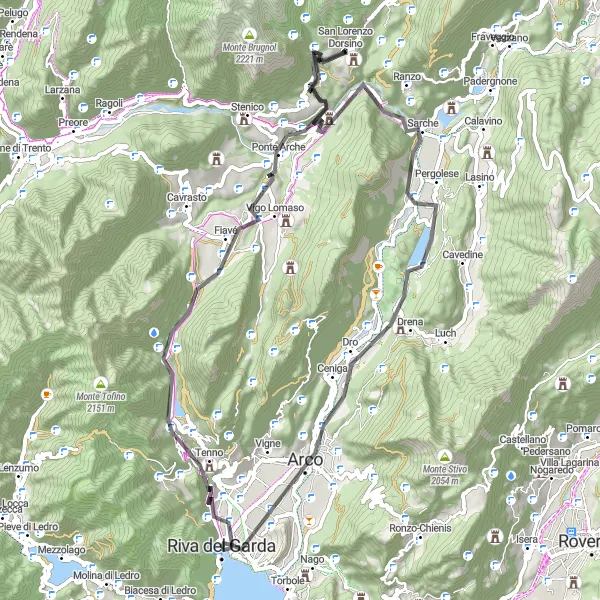 Miniatua del mapa de inspiración ciclista "Ruta en bicicleta de carretera escénica desde Riva del Garda" en Provincia Autonoma di Trento, Italy. Generado por Tarmacs.app planificador de rutas ciclistas