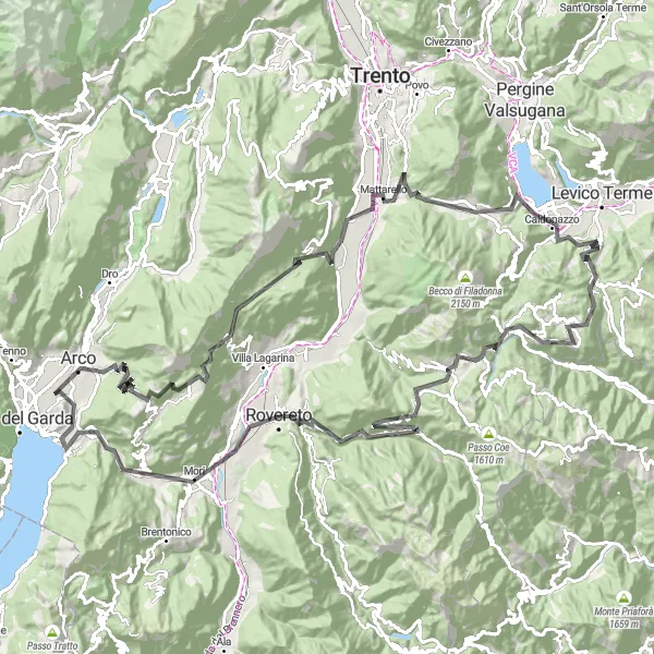 Miniature de la carte de l'inspiration cycliste "La Grande Boucle des Lacs" dans la Provincia Autonoma di Trento, Italy. Générée par le planificateur d'itinéraire cycliste Tarmacs.app