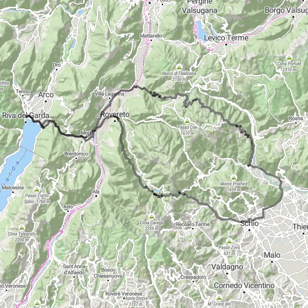 Kartminiatyr av "Lang sykkeltur fra Riva del Garda til Tonezza del Cimone" sykkelinspirasjon i Provincia Autonoma di Trento, Italy. Generert av Tarmacs.app sykkelrutoplanlegger