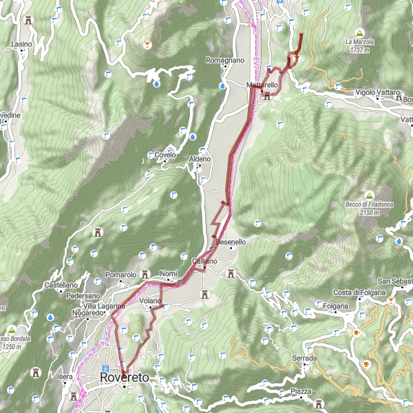 Mapa miniatúra "Gravel okolo Rovereta" cyklistická inšpirácia v Provincia Autonoma di Trento, Italy. Vygenerované cyklistickým plánovačom trás Tarmacs.app