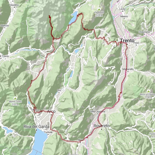 Miniatuurkaart van de fietsinspiratie "Ronde door Trento Provincia 135 km Grind" in Provincia Autonoma di Trento, Italy. Gemaakt door de Tarmacs.app fietsrouteplanner