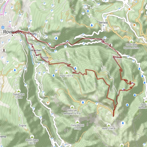 Zemljevid v pomanjšavi "Gorski kolesarski izziv okoli Rovereta" kolesarske inspiracije v Provincia Autonoma di Trento, Italy. Generirano z načrtovalcem kolesarskih poti Tarmacs.app