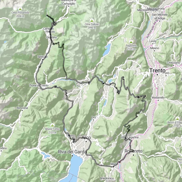 Miniatura mapy "Trasa przez Passo Del Ballino i Mori" - trasy rowerowej w Provincia Autonoma di Trento, Italy. Wygenerowane przez planer tras rowerowych Tarmacs.app