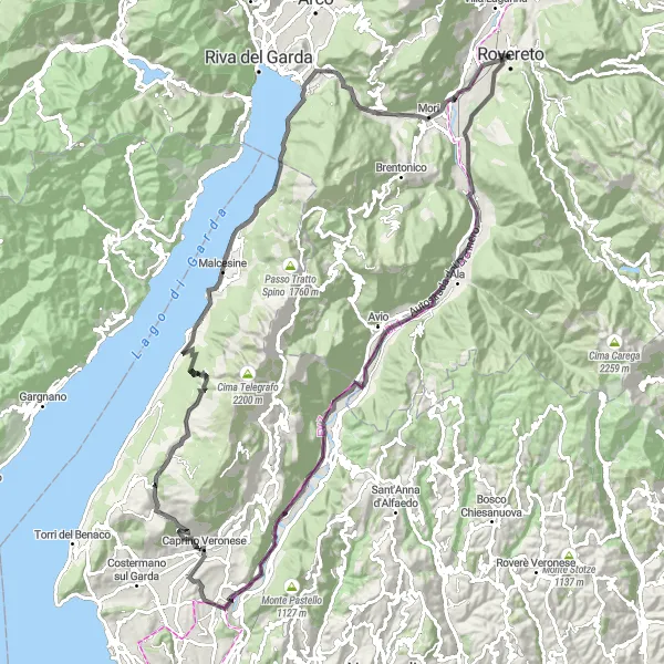 Miniature de la carte de l'inspiration cycliste "Aventures autour du lac de Garde" dans la Provincia Autonoma di Trento, Italy. Générée par le planificateur d'itinéraire cycliste Tarmacs.app