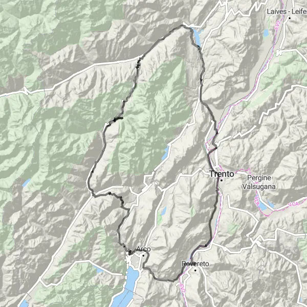 Mapa miniatúra "Okružná cyklistická trasa okolo Rovereta" cyklistická inšpirácia v Provincia Autonoma di Trento, Italy. Vygenerované cyklistickým plánovačom trás Tarmacs.app