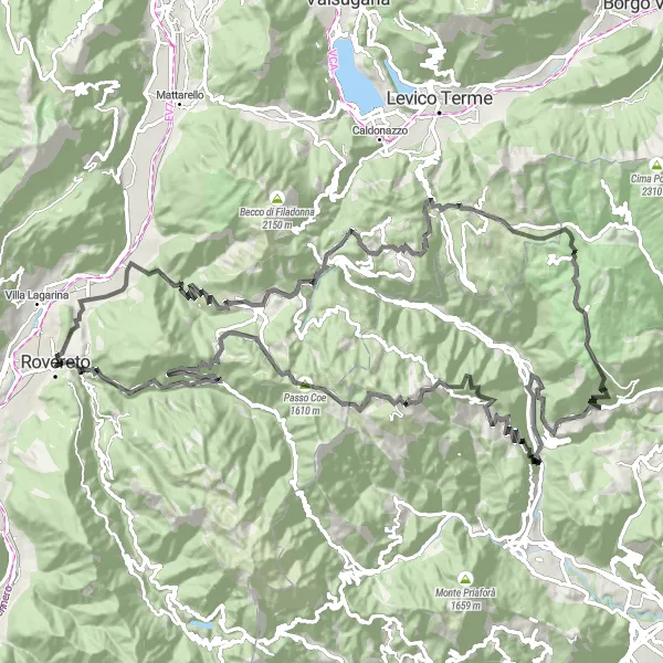 Zemljevid v pomanjšavi "Spletene ceste Trentina: 131 km, 4760 višinskih metrov" kolesarske inspiracije v Provincia Autonoma di Trento, Italy. Generirano z načrtovalcem kolesarskih poti Tarmacs.app